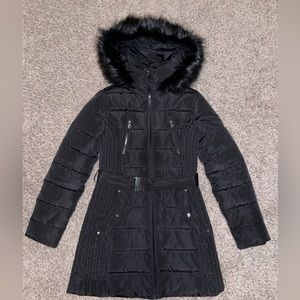 Nautica Belted Faux-Fur-Trim Hooded Puffer Coat, black, size S